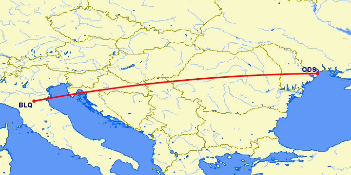 перелет Одесса — Болонья на карте