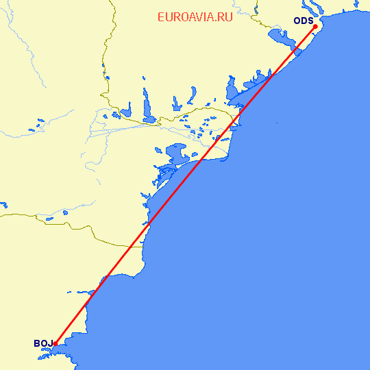 перелет Одесса — Бургас на карте