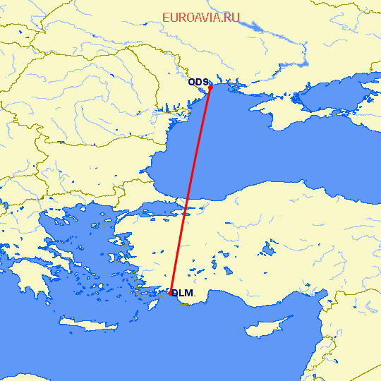 перелет Одесса — Даламан на карте