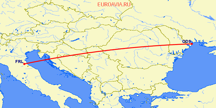 перелет Одесса — Форли на карте