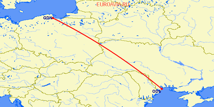 перелет Одесса — Гданьск на карте