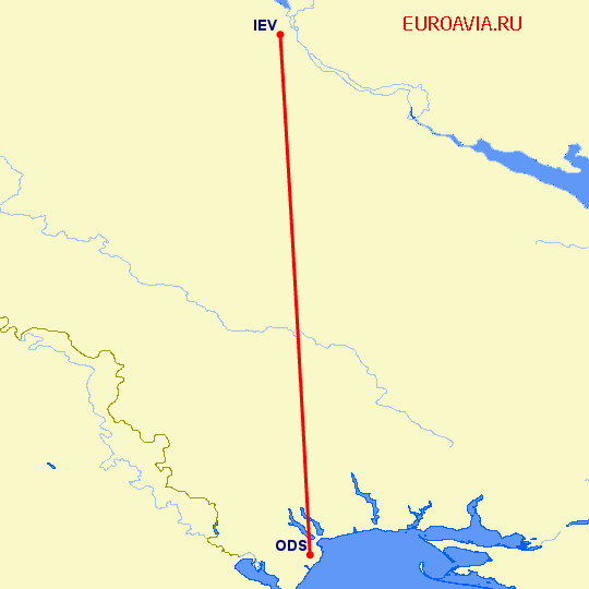 перелет Одесса — Киев на карте