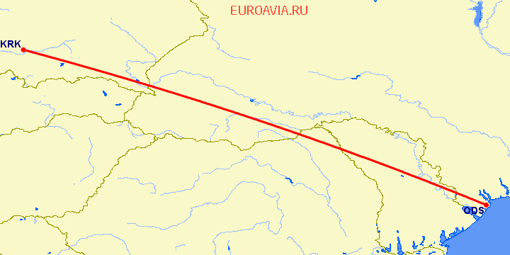 перелет Одесса — Краков на карте