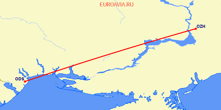 перелет Одесса — Запорожье на карте