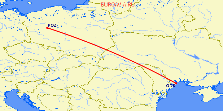 перелет Одесса — Познань на карте