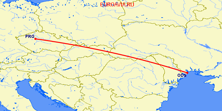 перелет Одесса — Прага на карте