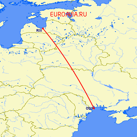 перелет Одесса — Рига на карте