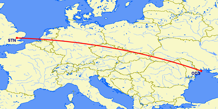 перелет Одесса — Лондон на карте