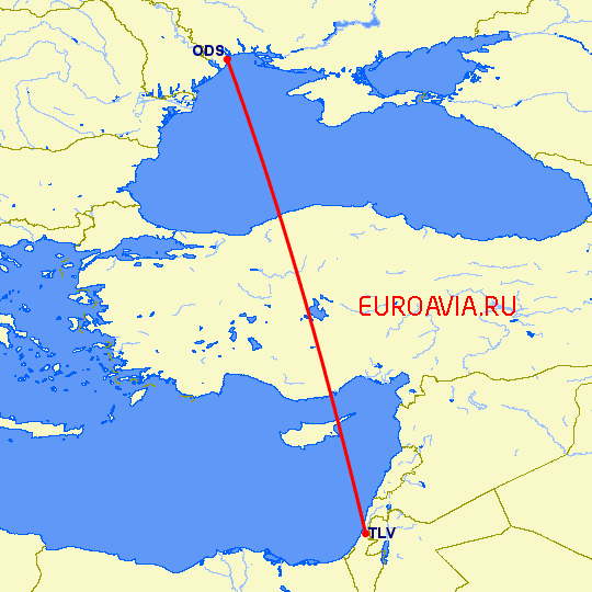 перелет Одесса — Тель Авив на карте