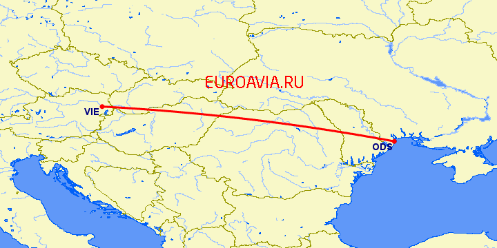 перелет Одесса — Вена на карте