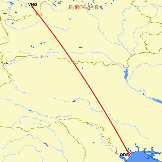перелет Одесса — Вильнюс на карте