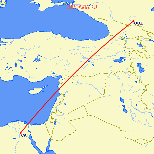 перелет Владикавказ — Каир на карте