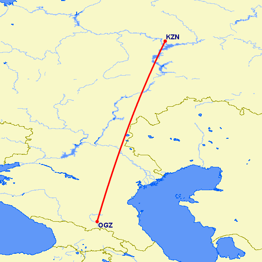 перелет Владикавказ — Казань на карте