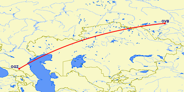 перелет Владикавказ — Новосибирск на карте