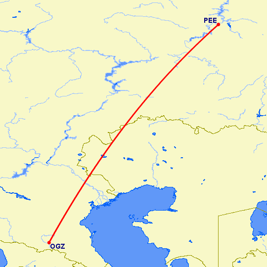 перелет Владикавказ — Пермь на карте