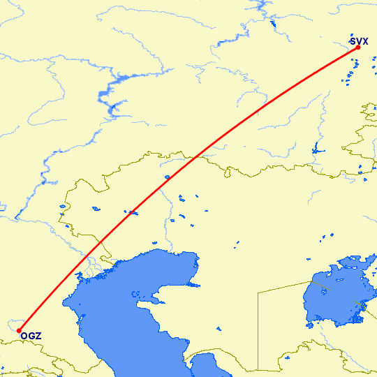 перелет Владикавказ — Екатеринбург на карте
