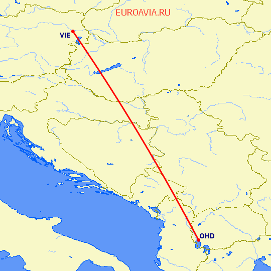 перелет Охрид — Вена на карте