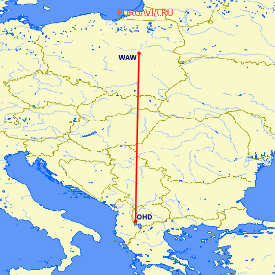 перелет Охрид — Варшава на карте
