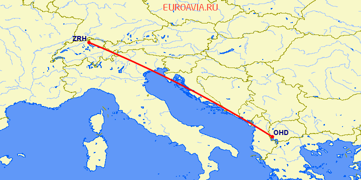 перелет Охрид — Цюрих на карте