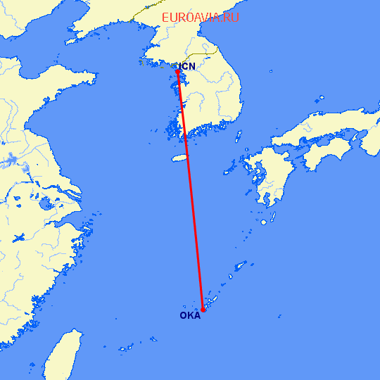 перелет Окинава — Сеул на карте