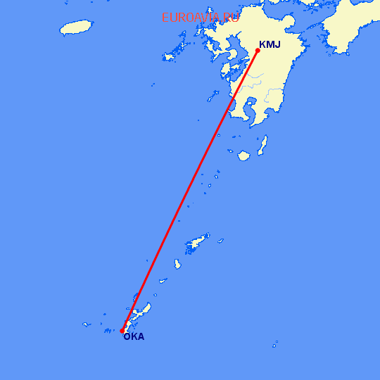 перелет Окинава — Кумамото на карте