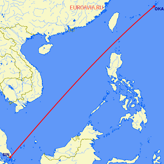 перелет Окинава — Сингапур на карте
