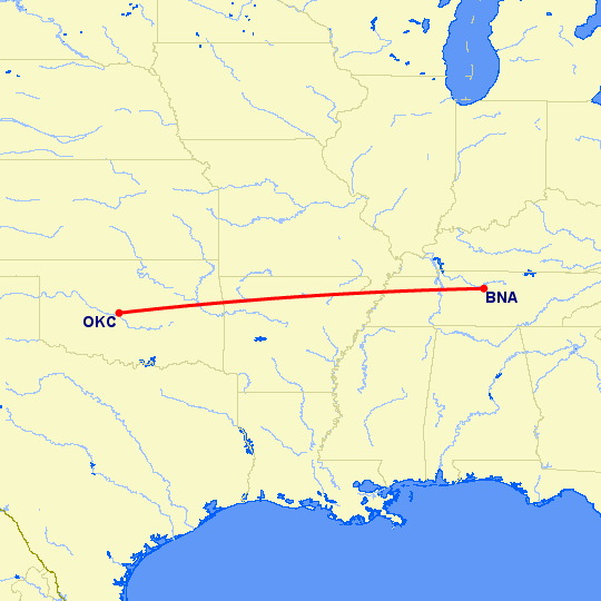 перелет Оклахома Сити — Нашвилл на карте