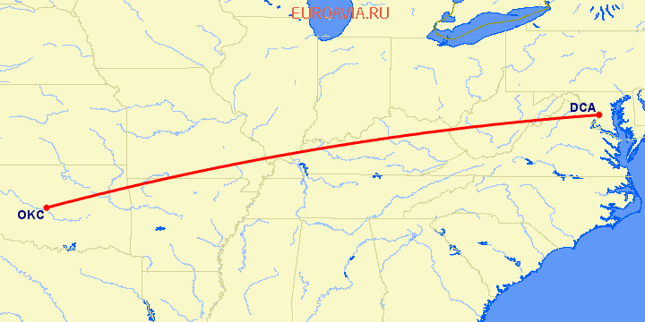 перелет Оклахома Сити — Вашингтон на карте