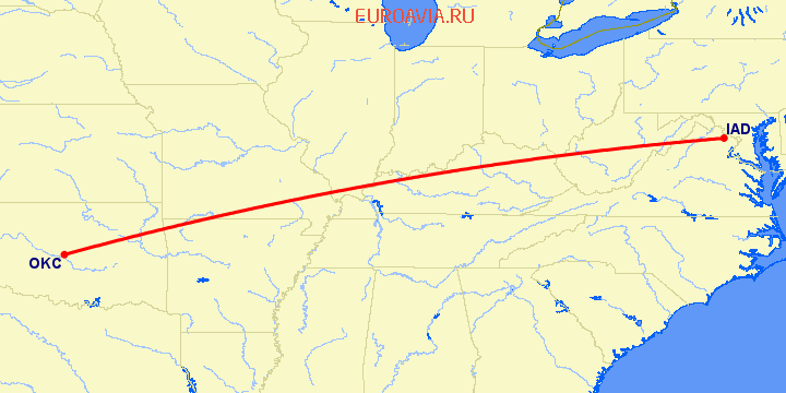 перелет Оклахома Сити — Вашингтон на карте