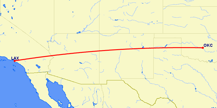 перелет Оклахома Сити — Лос Анджелес на карте
