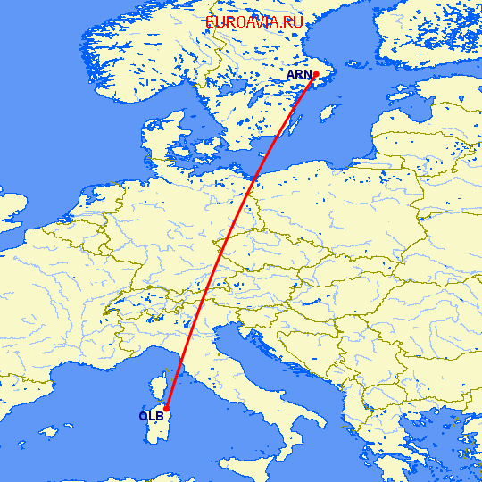перелет Ольбия — Стокгольм на карте