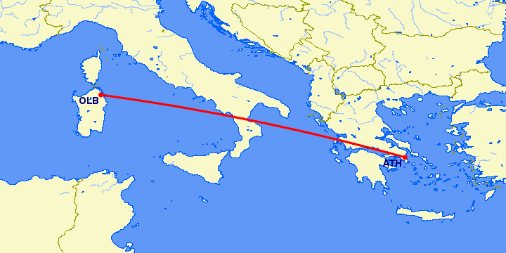 перелет Ольбия — Афины на карте