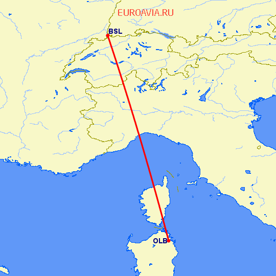 перелет Costa Smeralda — Базель-Мюлуз на карте