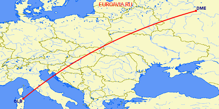 перелет Costa Smeralda — Москва на карте