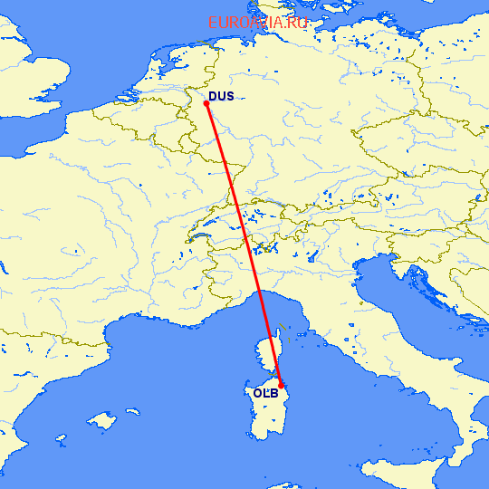 перелет Costa Smeralda — Дюссельдорф на карте