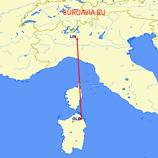 перелет Costa Smeralda — Милан на карте