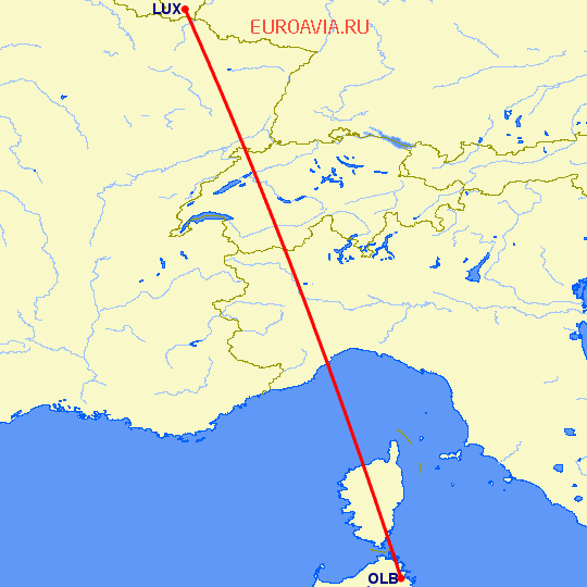 перелет Costa Smeralda — Люксембург на карте
