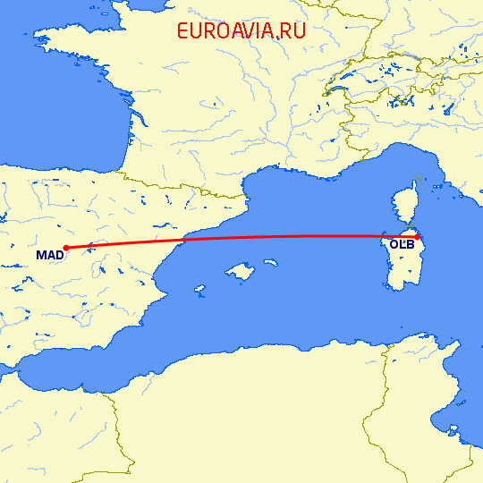 перелет Ольбия — Мадрид на карте