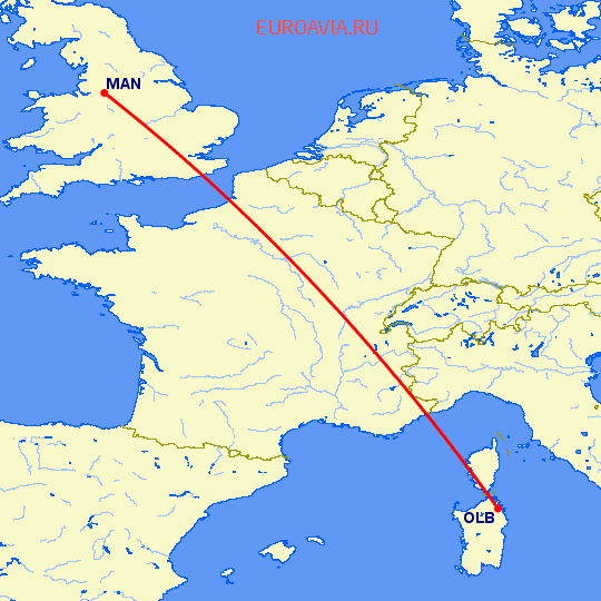 перелет Costa Smeralda — Манчестер на карте