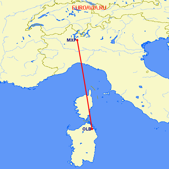 перелет Ольбия — Милан на карте