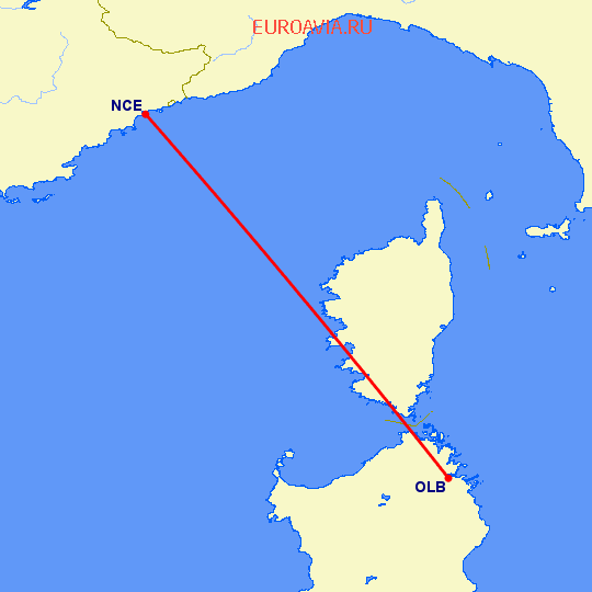 перелет Costa Smeralda — Ницца на карте
