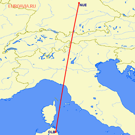 перелет Costa Smeralda — Нюремберг на карте