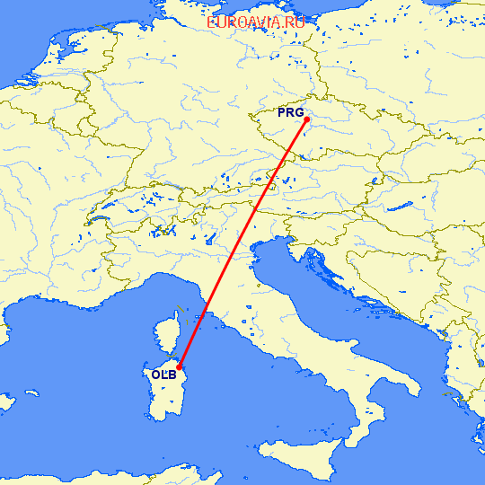 перелет Costa Smeralda — Прага на карте
