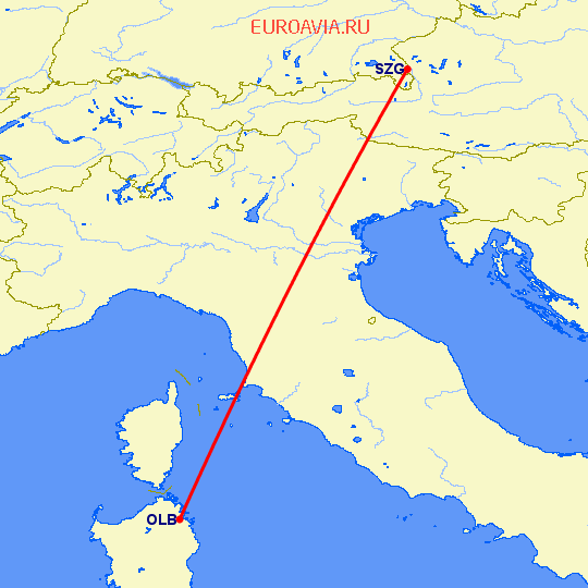 перелет Costa Smeralda — Зальцбург на карте