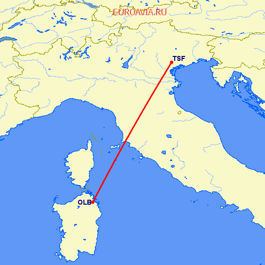 перелет Costa Smeralda — Тревисо на карте
