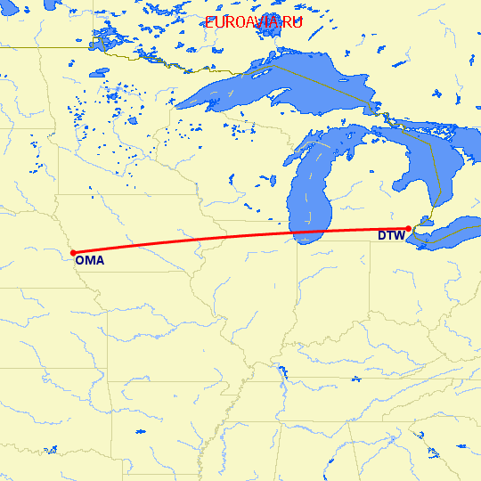 перелет Омаха — Детройт на карте
