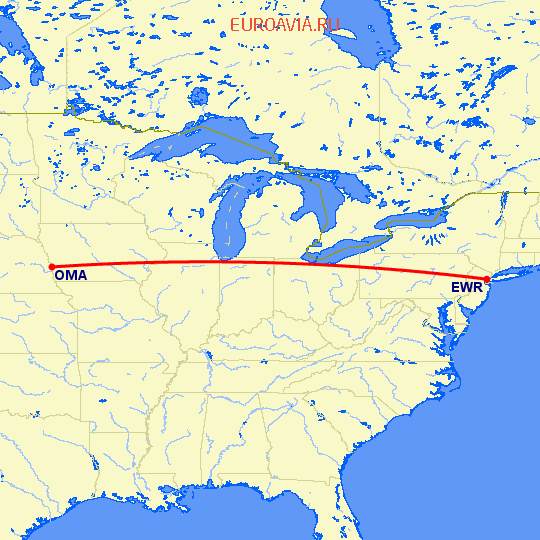 перелет Омаха — Ньюарк на карте