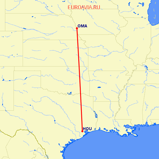 перелет Омаха — Хьюстон на карте
