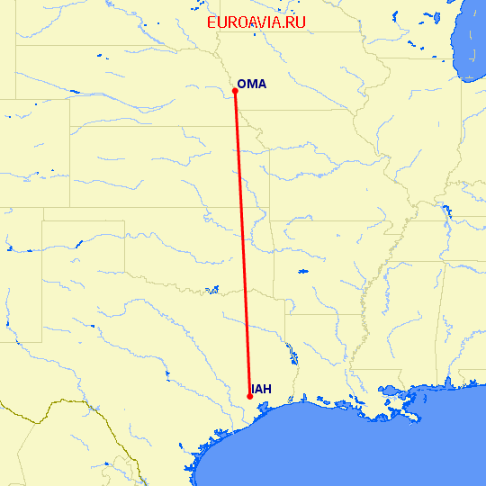 перелет Омаха — Хьюстон на карте