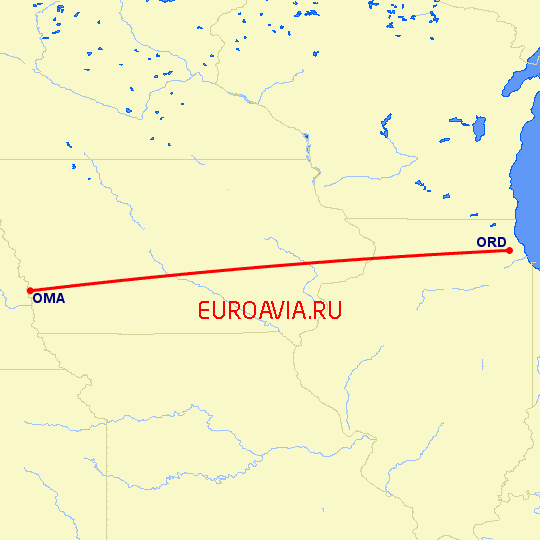 перелет Омаха — Чикаго на карте